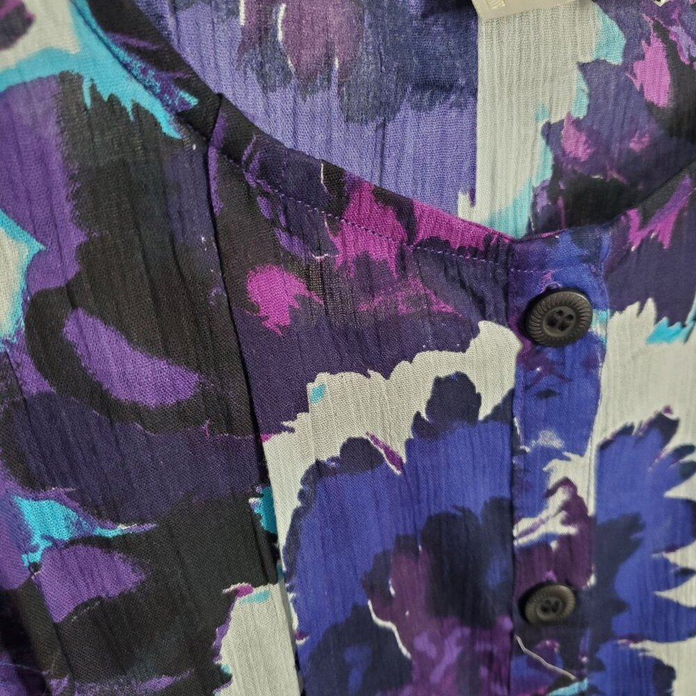 Roamans NWOT Sz 5X Tunic Button Blouse Floral Print Gauzy Crinkle Cotton Purple - Picture 8 of 12